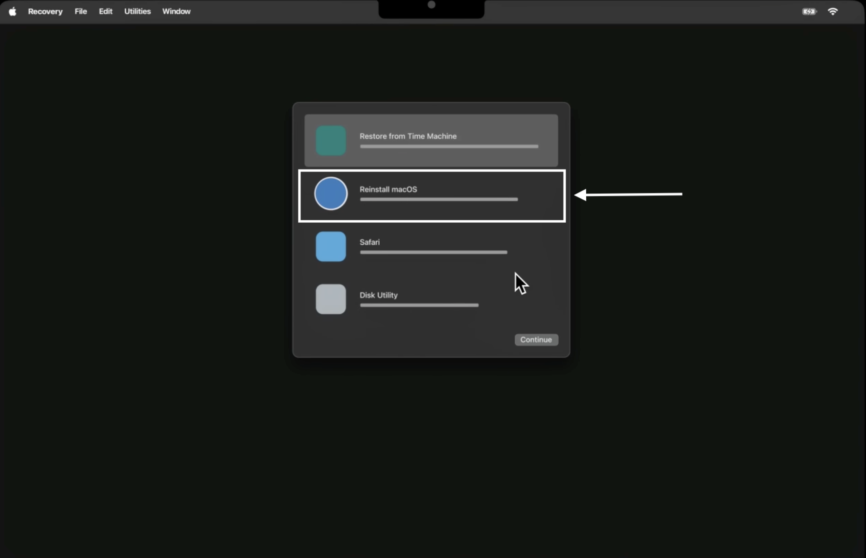 Choose Reinstall macOS and click Continue